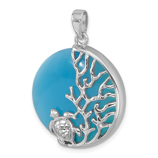 Sterling Silver Natural Blue Agate Turtle Sea Life Circle Pendant