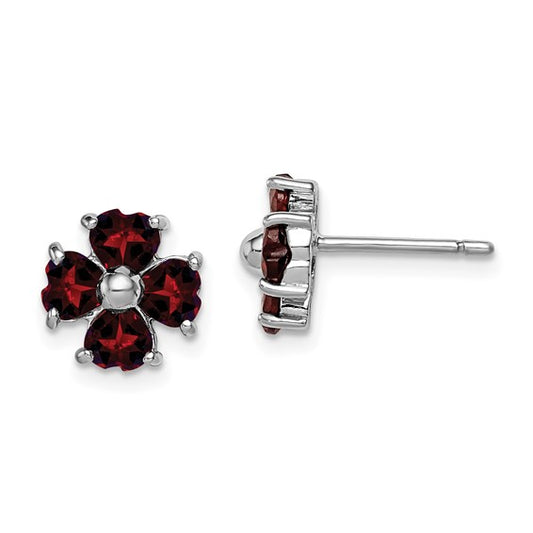 Sterling Silver Rhodium Plated Natural Garnet Flower Post Earrings