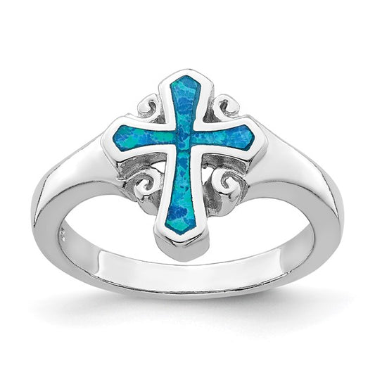 Sterling Silver Lab Created Blue Opal Cross Ring