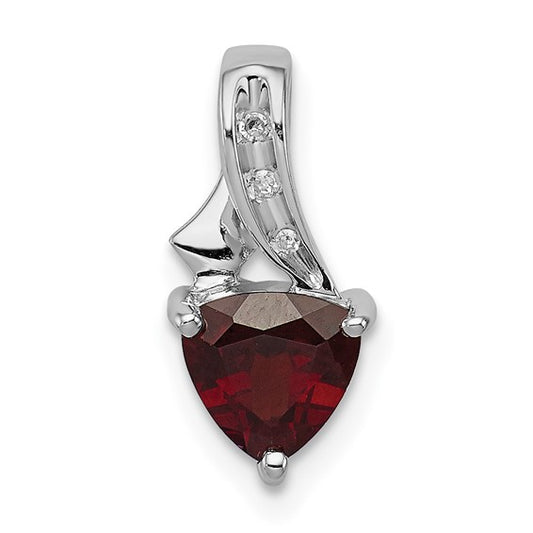 Sterling Silver Rhodium Plated Natural Garnet & Diamond Trillion Pendant