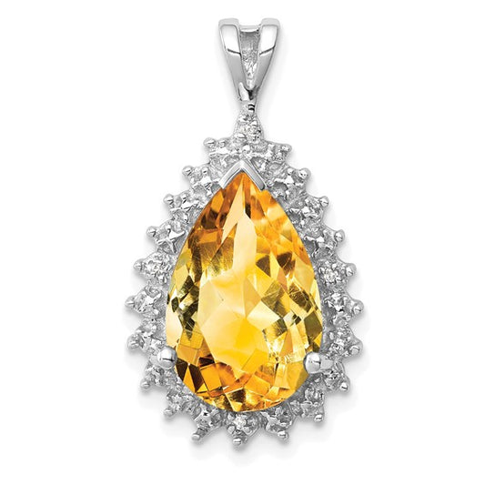 Sterling Silver White Gold Plated Pear Shaped Halo Natural Citrine & Diamond Pendant