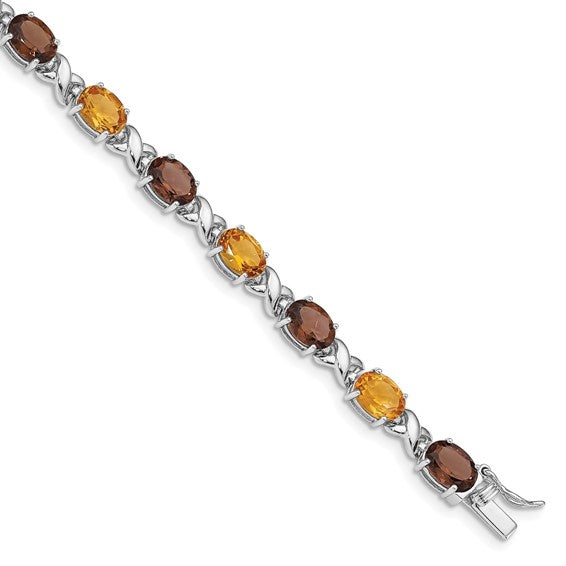 White Gold Plated Sterling Silver Natural Citrine, Smokey Quartz, & White Topaz Gemstone XO Bracelet