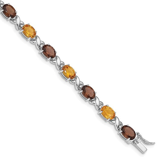 White Gold Plated Sterling Silver Natural Citrine, Smokey Quartz, & White Topaz Gemstone XO Bracelet