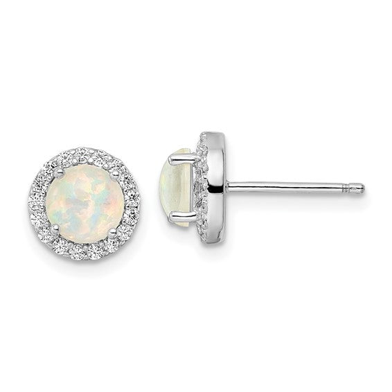 Sterling Silver White Gold Plated cz Halo Lab Created White Opal Earrings