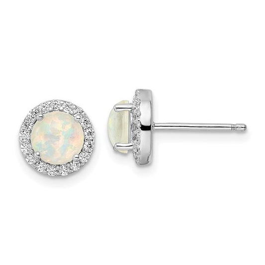 Sterling Silver White Gold Plated cz Halo Lab Created White Opal Earrings
