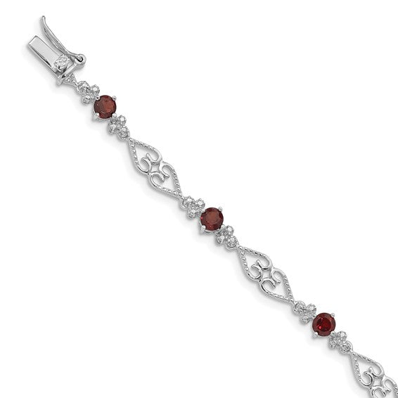 Sterling Silver White Gold Wedding Style Natural Garnet & Diamond Bracelet