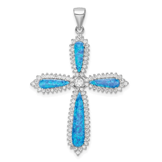 Sterling O=Silver White Gold Plated Border Cross Inlay With Lab Created Opal & CZ