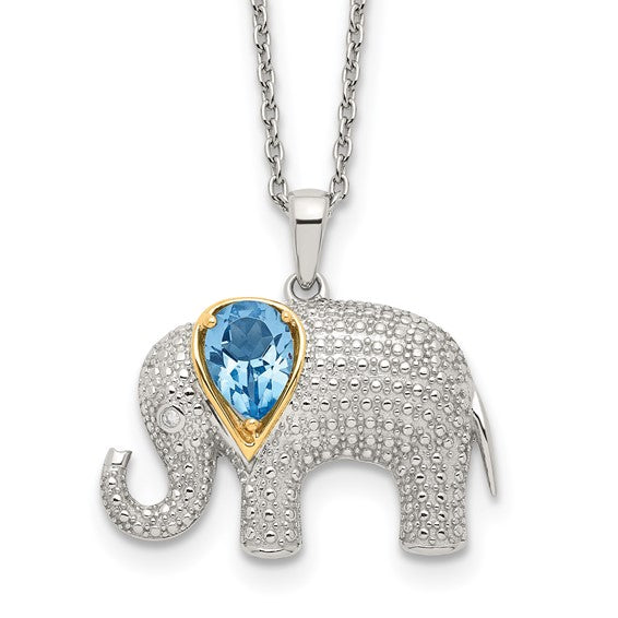 White Gold Filled Sterling Silver Elephant Blue Topaz Pendant & Necklace