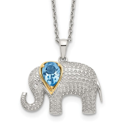 White Gold Filled Sterling Silver Elephant Blue Topaz Pendant & Necklace