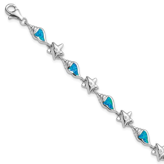 White Gold Filled Sterling Silver Sea Shell Lab Created Blue Opal Bracelet