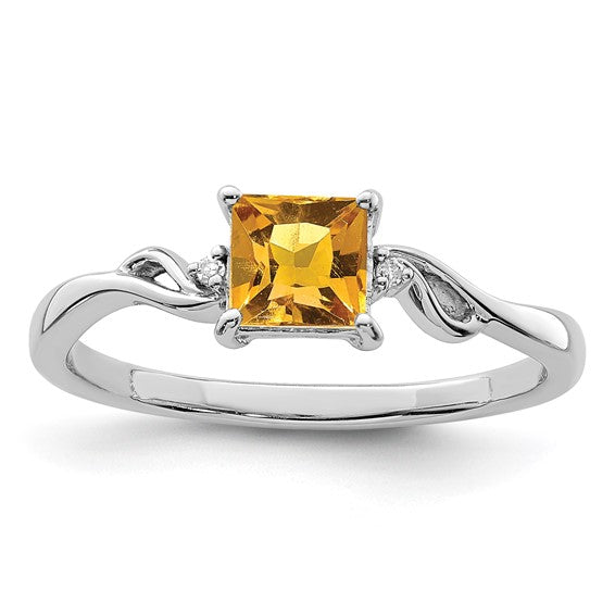 Sterling Silver White Gold Plated Natural Citrine & Diamond Square .5Carat Ring
