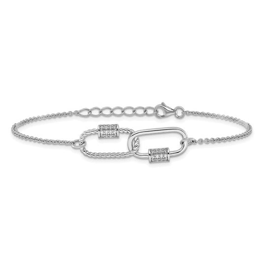 White Gold Filled Sterling Silver CZ Double Barrel Paperclip Bracelet