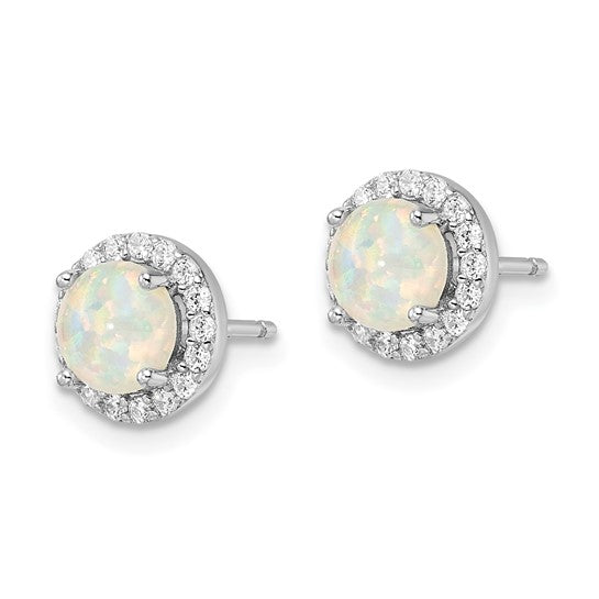 Sterling Silver White Gold Plated cz Halo Lab Created White Opal Earrings