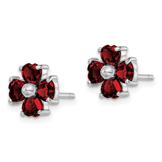 Sterling Silver Rhodium Plated Natural Garnet Flower Post Earrings