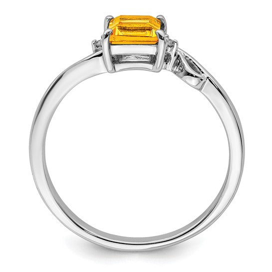 Sterling Silver White Gold Plated Natural Citrine & Diamond Square .5Carat Ring