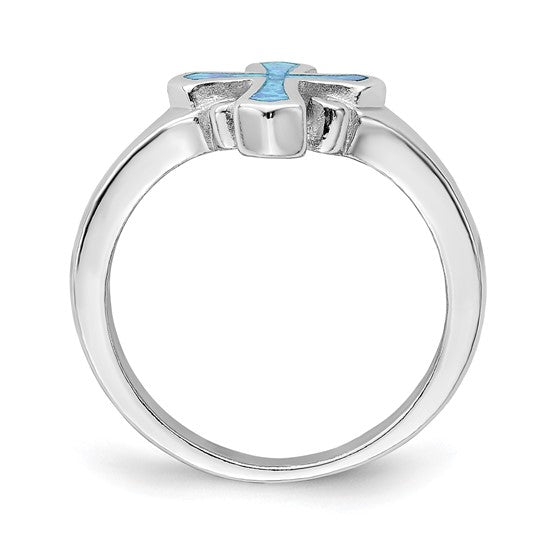 Sterling Silver Lab Created Blue Opal Cross Ring