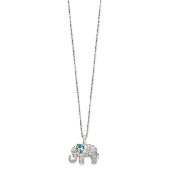 White Gold Filled Sterling Silver Elephant Blue Topaz Pendant & Necklace