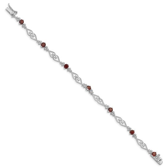 Sterling Silver White Gold Wedding Style Natural Garnet & Diamond Bracelet