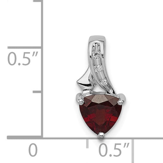 Sterling Silver Rhodium Plated Natural Garnet & Diamond Trillion Pendant