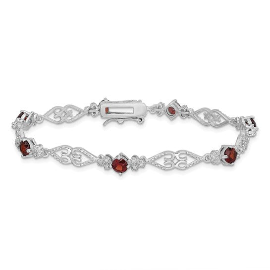 Sterling Silver White Gold Wedding Style Natural Garnet & Diamond Bracelet