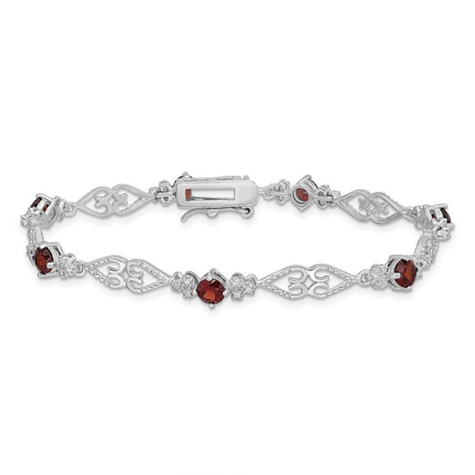 Sterling Silver White Gold Wedding Style Natural Garnet & Diamond Bracelet