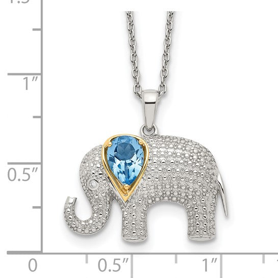 White Gold Filled Sterling Silver Elephant Blue Topaz Pendant & Necklace