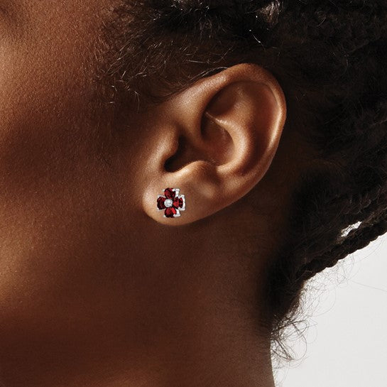 Sterling Silver Rhodium Plated Natural Garnet Flower Post Earrings