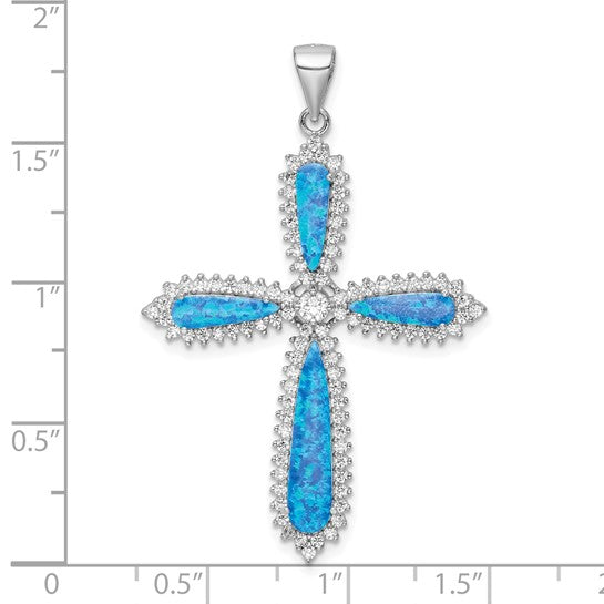 Sterling O=Silver White Gold Plated Border Cross Inlay With Lab Created Opal & CZ