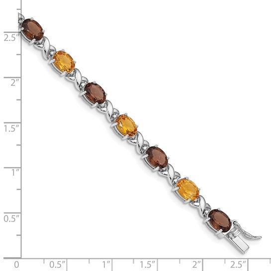 White Gold Plated Sterling Silver Natural Citrine, Smokey Quartz, & White Topaz Gemstone XO Bracelet
