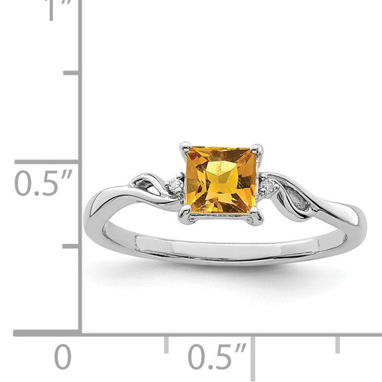 Sterling Silver White Gold Plated Natural Citrine & Diamond Square .5Carat Ring