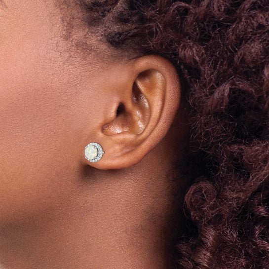 Sterling Silver White Gold Plated cz Halo Lab Created White Opal Earrings