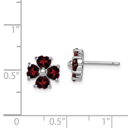 Sterling Silver Rhodium Plated Natural Garnet Flower Post Earrings