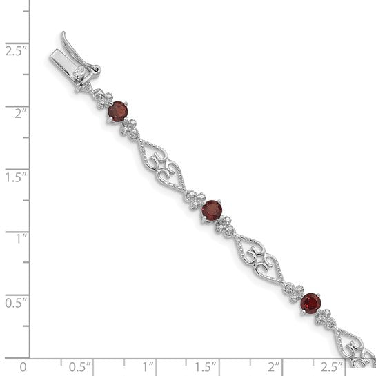 Sterling Silver White Gold Wedding Style Natural Garnet & Diamond Bracelet