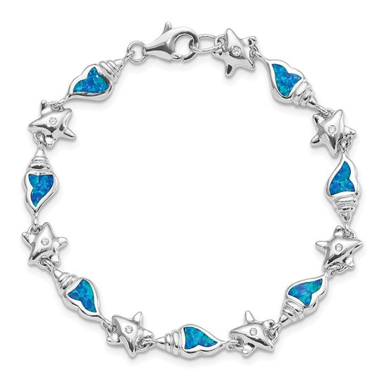 White Gold Filled Sterling Silver Sea Shell Lab Created Blue Opal Bracelet