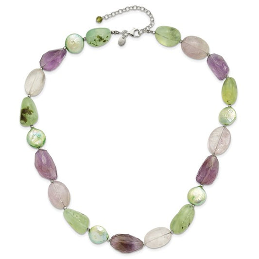 Natural Amethyst, Prehnite, & Freshwater Cultured Pearl Necklace Sterling Silver