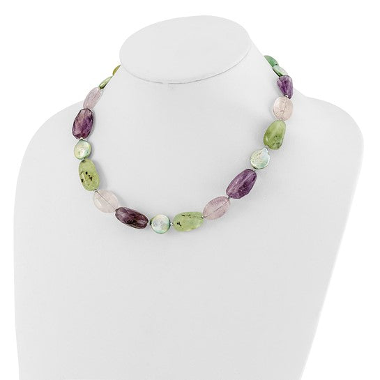 Natural Amethyst, Prehnite, & Freshwater Cultured Pearl Necklace Sterling Silver