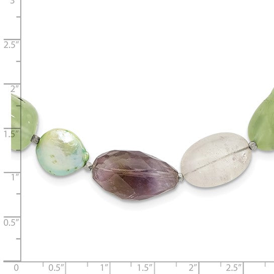 Natural Amethyst, Prehnite, & Freshwater Cultured Pearl Necklace Sterling Silver