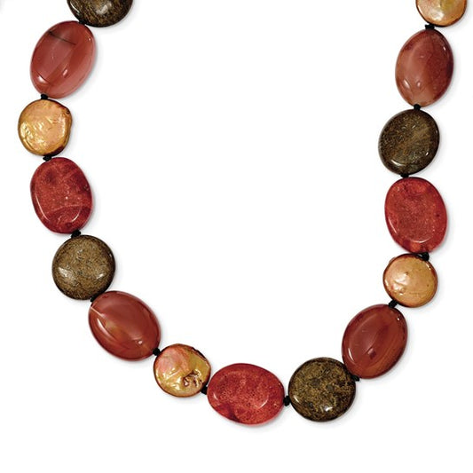 Natural Carnelian, Bornzite, Coral, & Pearl Necklace Sterling Silver