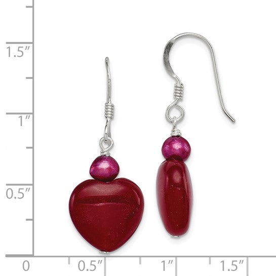 Heart Dangle Earrings Natural Coral & Jade Pearl Sterling Silver