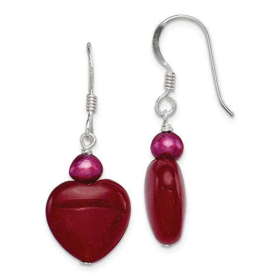 Heart Dangle Earrings Natural Coral & Jade Pearl Sterling Silver