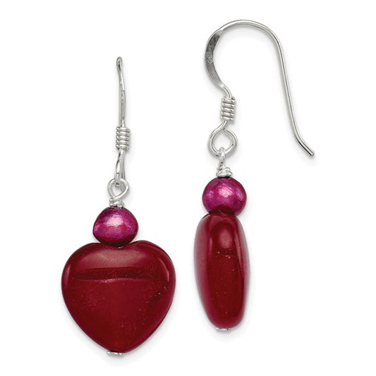 Heart Dangle Earrings Natural Coral & Jade Pearl Sterling Silver