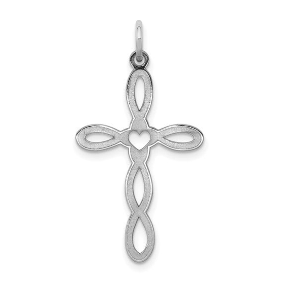 Laser Heart Cross Pendant Sterling Silver With White Gold Plating