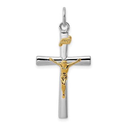 Two Tone INRI Cross Sterling Silver White Gold Planted
