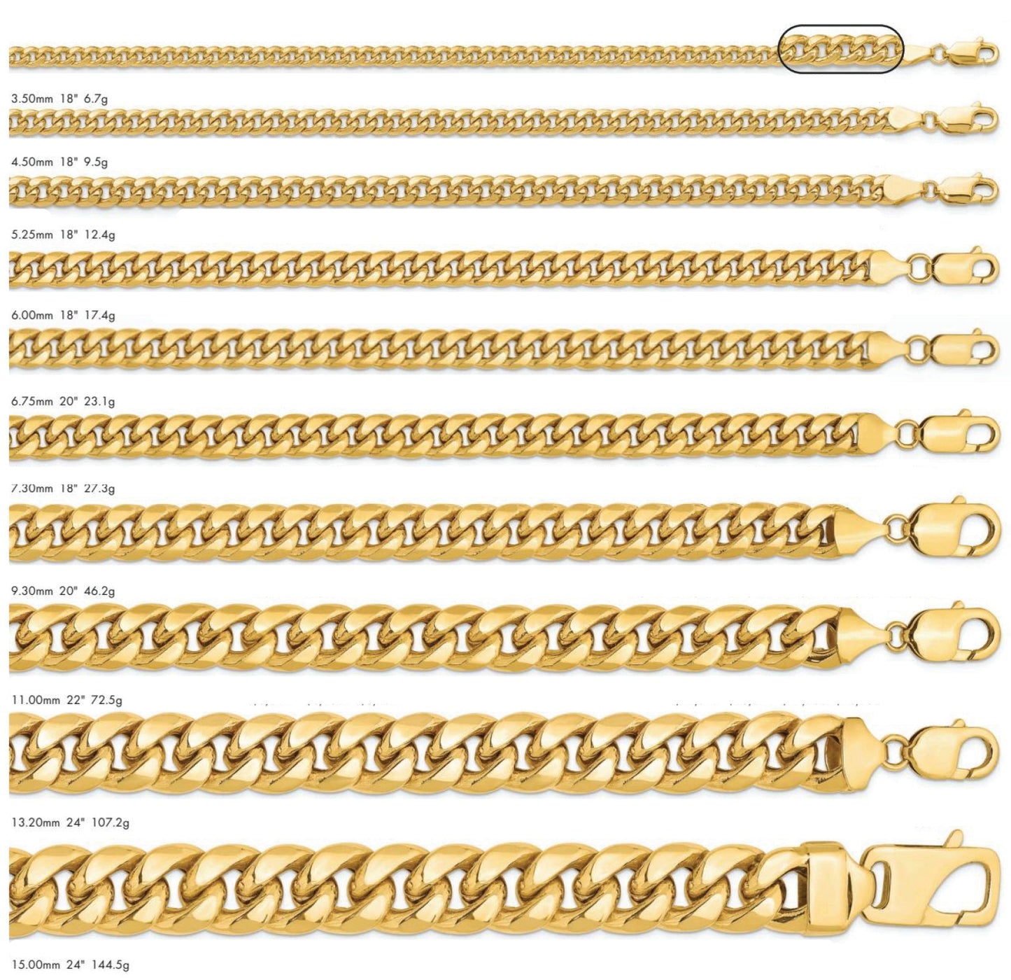 14K Semi Solid Miami Cuban Link Chain Yellow Gold