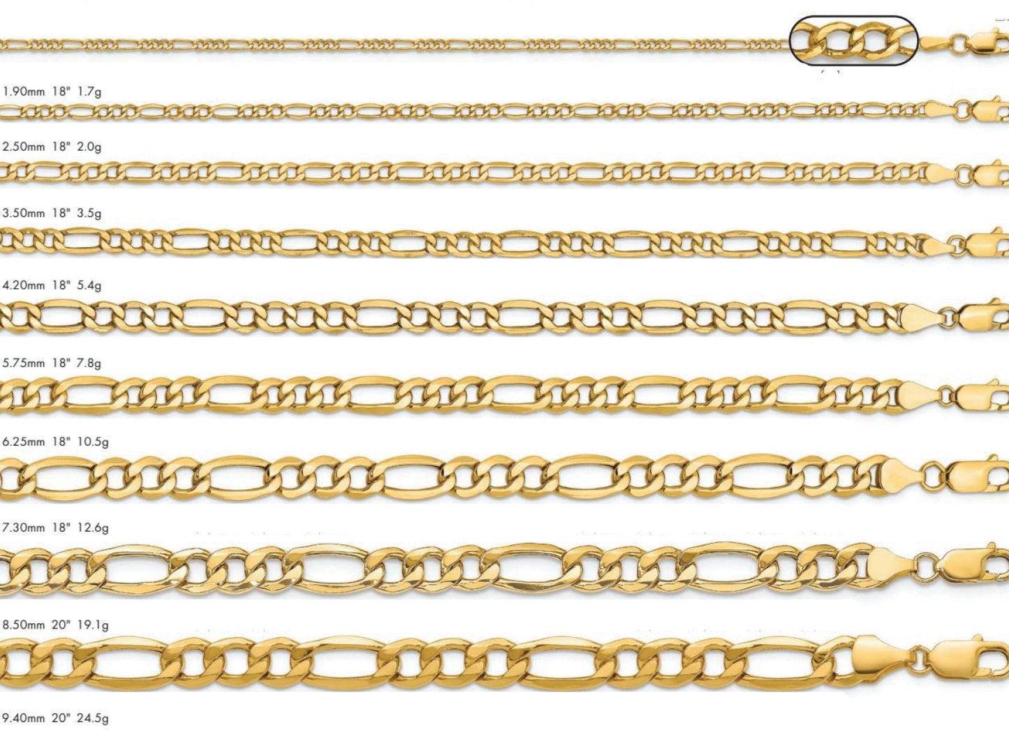 14K Figaro Semi Solid Chain Yellow Gold