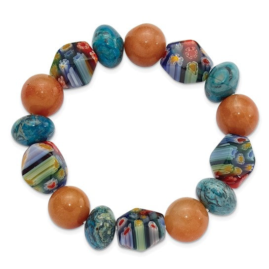 Natural Aventurine, Agate, & Glass Bead Bracelet