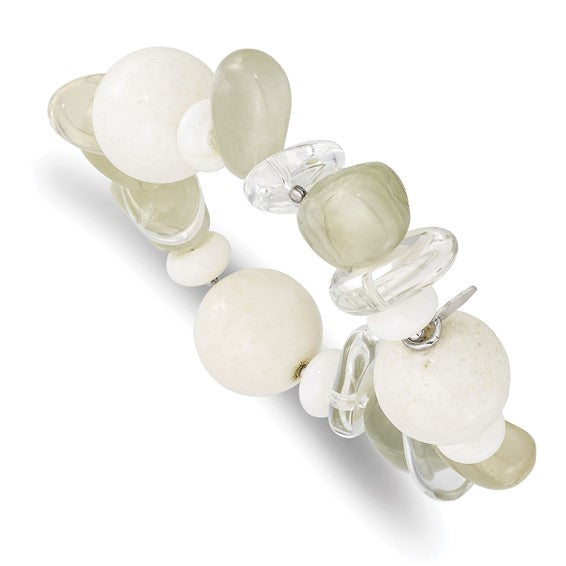 Natural Moonstone, Coral, Quartz, & White Jade Bracelet Sterling Silver