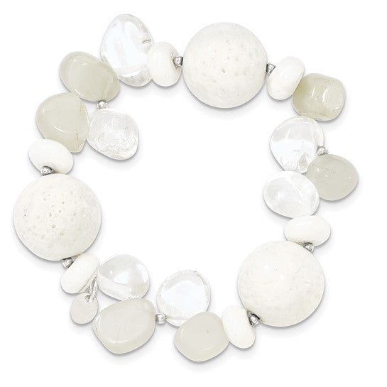 Natural Moonstone, Coral, Quartz, & White Jade Bracelet Sterling Silver