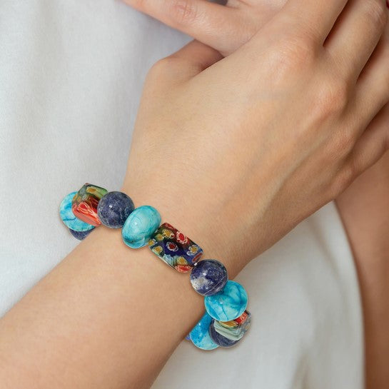 Natural Agate, Lapis, & Glass Bead Bracelet