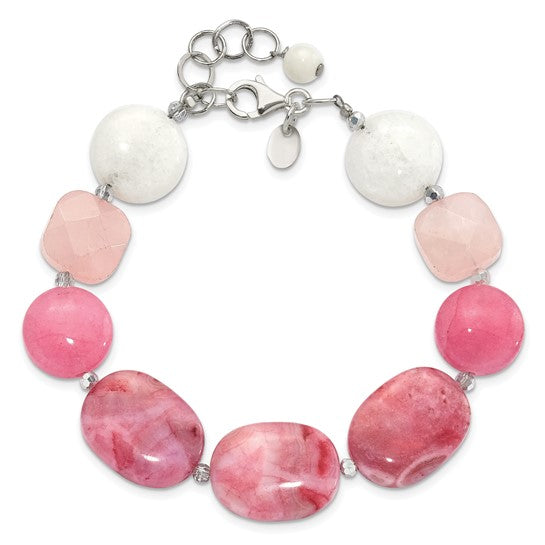 Natural Pink Agate, Quartz, & Crystal Sterling Silver Bracelet
